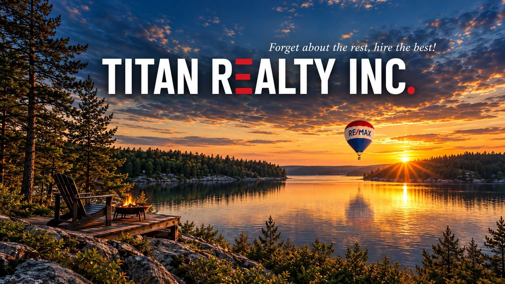 Sunset over the water at a Simcoe County property, with the Titan Realty Inc. and RE/MAX Right Move balloon graphic and the tagline 'Forget about the rest, hire the best!'