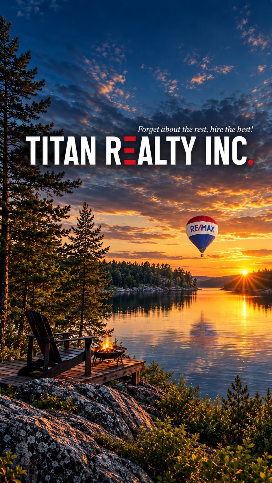Sunset over the water at a Simcoe County property, with the Titan Realty Inc. and RE/MAX Right Move balloon graphic and the tagline 'Forget about the rest, hire the best!'